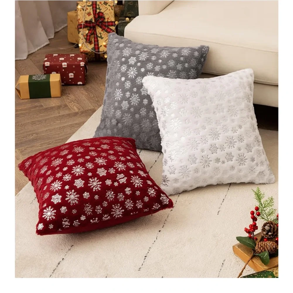 Snowflake Faux Fur SQUARE Pillow Covers RED/SILVER 18x18” (2-Pack)